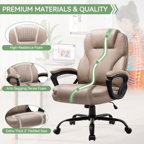 Ergonomic Office Chair with High Back, Comfy Desk Chair, Adjustable Executive Office Chair for Home Office, Big and Tall Computer Chair Heavy Duty, 360° Swivel, Faux Leather, Taupe Beige - Image 7