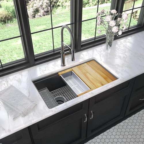 Elkay ELXRU13322W Quartz Luxe 33" Undermount Single Basin Quartz Composite Workstation Kitchen Sink with Basin Rack, Colander and Cutting Board - Sandstone - Image 7
