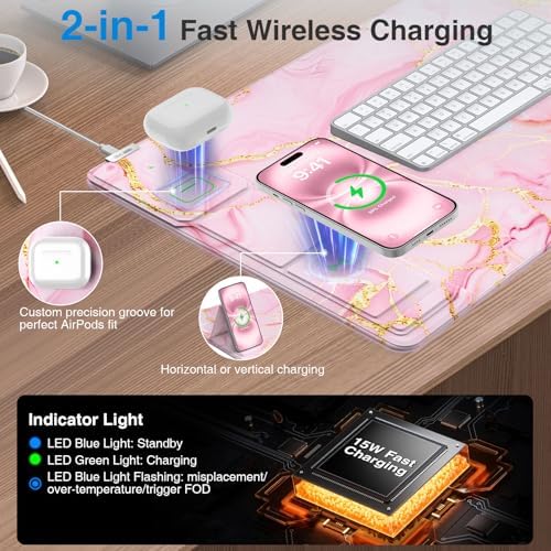 Wireless Charging Mouse Pad with Phone Holder, 31.5"x15.8" in, Pink Marble - Image 2