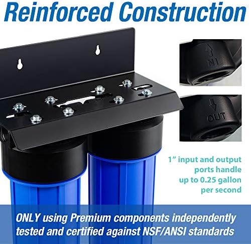 iSpring WGB22BM+AHPF12MNPT16X2 2-Stage Whole House Water Filtration System with 20” x 4.5” Carbon Block and Iron & Manganese Reducing Filters and 3/4" Push-fit Stainless Steel Hose Connectors, Blue - Image 2