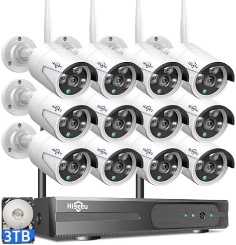 Hiseeu Home Security Camera System, 4K NVR Kit, Wired Plug-in Powered 12Pcs 5MP CCTV Security Camera System for Outdoor, Night Vision, IP66, Motion Detection, 3TB HDD, 2.4G/5G Wireless Pro WiFi by Hiseeu