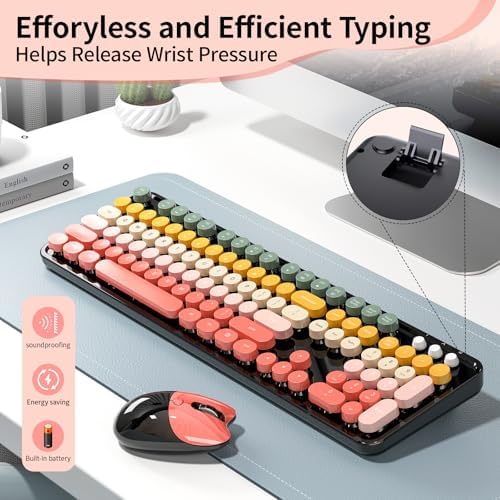 Wireless Keyboard and Mouse, MOFII 104 Round Keycaps Retro Typewriter with OTG & Brush, Full-Size Ergonomic, Ideal for Windows PC, Home, Office and College Rainbow Red - Image 6
