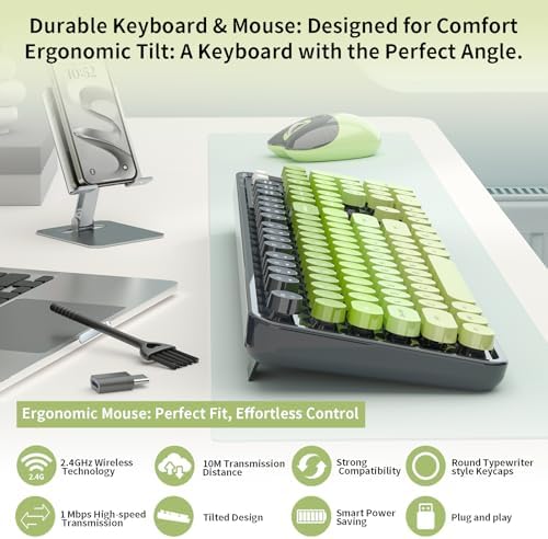 Wireless Keyboard and Mouse, MOFII 104 Round Keycaps Retro Typewriter with OTG & Brush, Full-Size Ergonomic, Ideal for Windows PC, Home, Office and College Gray Green - Image 2