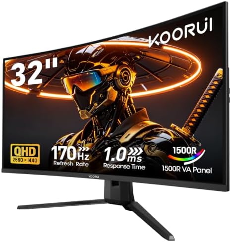 KOORUI 32 Inch Curved Gaming Monitor, QHD 2560×1440p 170Hz 1ms 1500R by KOORUI