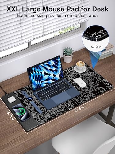 Mouse Pad with Wireless Charging, Large Desk Mat, Black Topographic Map #3 - Image 3