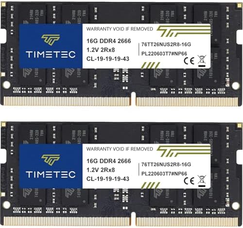 Timetec 32GB KIT (2x16GB) DDR4 2666MHz (PC4-2666V) PC4-21300 SODIMM Laptop RAM – 260-Pin 1.2V CL19 Non-ECC Unbuffered Memory Module for Laptop, Notebook, Mini PC, All-in-One by Timetec
