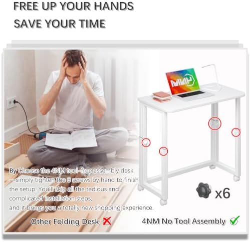 4NM No Tool Assembly 27.5" Small Desk, Folding Portable Desk with Wheels, Foldable Computer Home Office Desks, Collapsible Study Writing Table for Space Saving Bedroom - All White - Image 6