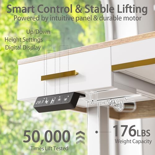 TIQLAB One-Piece Top Electric Standing Desk, 47 x 24 Inch Height Adjustable Sit Stand Desk with Three Drawers for Home Office, Maple - Image 6