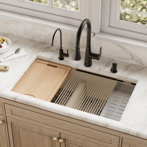 Karran 32.5" Bisque Quartz Composite Undermount Double Bowl Workstation Kitchen Sink, 50/50 Chef Prep Station with Cutting Board, Roll-Up Mat, Colander, Bottom Grids and Accessories – QUWS-880 - Image 2