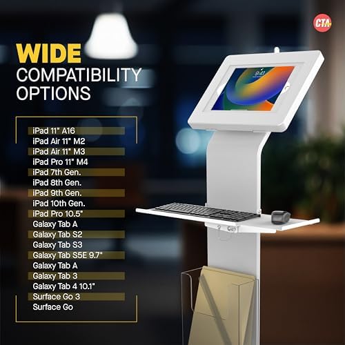 CTA Digital Anti-Theft Mobile Workstation Locking Floor Stand Kiosk w/ Secure Enclosure, Keyboard Tray & Storage for iPad A16 - iPad Pro 11" M4 - Air 11"M3 & M2 Galaxy Tab A & More White (PAD-PARAFWK) - Image 4