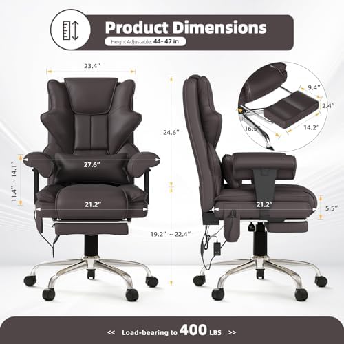 Executive 7-Point Massage Heated Office Chair with Footrest, Brown - Image 3
