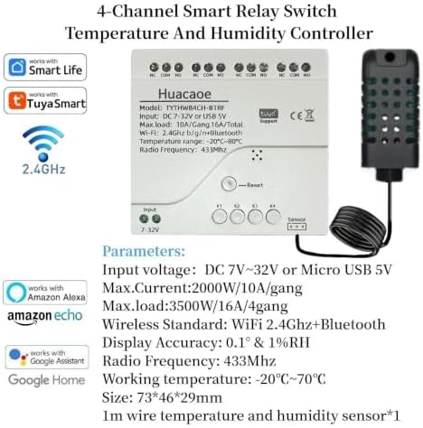 Tuya 4CH 7-32V Smart Temperature and Humidity Sensor,Dry Contact,Remote Application Control and Monitoring Function, Voice Control, Smart Scene, Compatible with Alexa and Google Home - Image 2