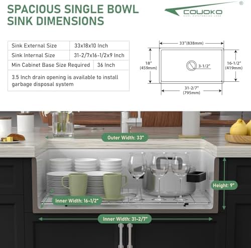 White Farmhouse Sink 33 Inch Fireclay Reversible Apron Front Farm Sink 33"x18"x10" Glossy White Porcelain Farms House Style Single Bowl Farmhoues kitchen Sinks with Luxury Accessories - Image 6