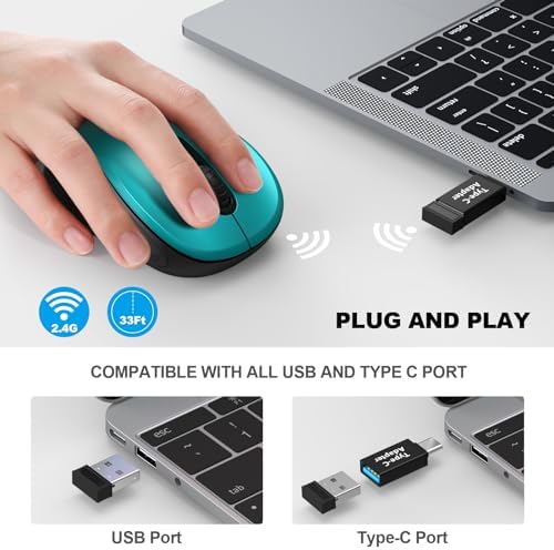 WisFox 2.4G Wireless Mouse for Laptop, Ergonomic Computer Mouse with USB Receiver and Type-C Adapter, 3 Adjustable Levels, 6 Button Cordless Wireless Mice for Windows Mac PC Notebook (Green) - Image 2