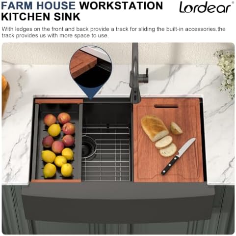 Lordear 33 Inch Kitchen Sink Apront Front Workstation Low Divide Double - Image 2