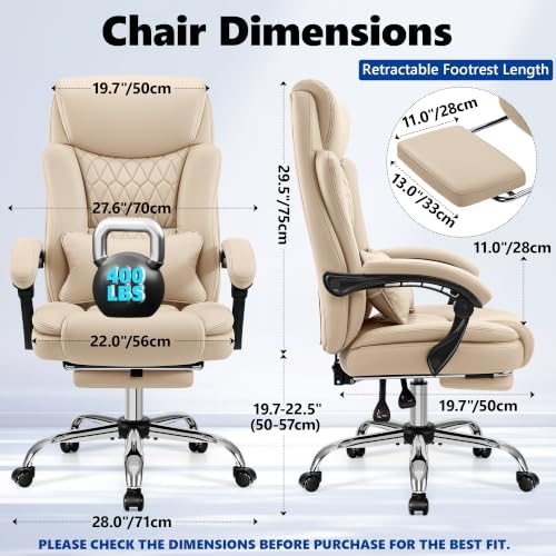 Ergonomic Office Chair Executive PU Leather High Back Office Chair, 400lbs Heavy Duty Reclining Desk Chair with Footrest, Adjustable Lumbar Support, Padded Armrests,Khaki,6 Pack - Image 2