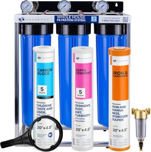 Aquaboon 3-Stage Whole House Water Filter System with 5 Micron 20x4.5 Reducing Sediment and Iron & Manganese Water Purification Filters, Pressure Gauges, Wrench, Iron Bracket by Aquaboon