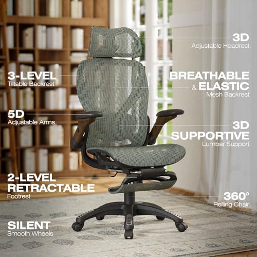 ELABEST X100 Ergonomic Mesh Office Chair with Footrest, Big and Tall Home Desk Chair with 5D Flip-Up Arms, Adjustable 3D Lumbar Support, Gaming & Executive Computer Chair (Forest Ranger) - Image 3