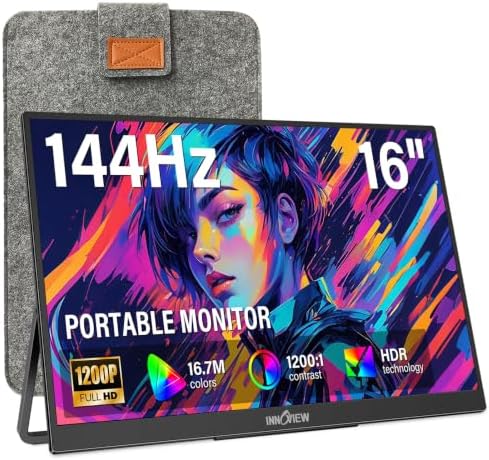InnoView 16" Portable Monitor 144Hz Portable Gaming Monitor HDMI Supports Only 120Hz,with Protective Sleeve, Lightweight, Travel Monitor for Laptop, PS5, Mac, Xbox (Not Includes Adapter) by InnoView