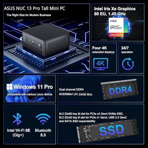 ASUS NUC 13 Pro Tall Mini PC Desktop, Intel Core i5-13420H (Up to 4.6 GHz), 12GB RAM, 256GB PCIe SSD + 1TB HDD, 2× HDMI 2.1, 2× Thunderbolt 4, Support 4K, Wi-Fi 6E, BT5.3, Ultra-Quiet, Windows 11 Pro - Image 4