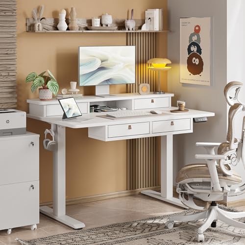 TIQLAB 55 * 28 Inch Standing Desk with Four Drawers, Electric Sit Stand Table, Stand Up Desk Adjustable Height with Storage Shelf, Splice Board, White - Image 2