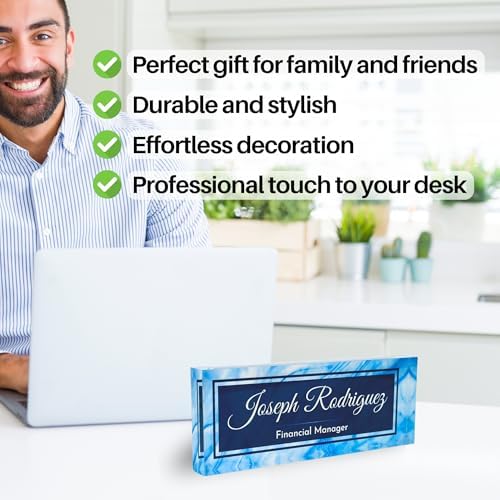 Customized Clear Acrylic Thick 8x3" Desk Name Plate Block with Personalized Logo - Professional Office Decor - Customized Acrylic Plate Gift for Teacher Co-workers (Blue Wave) - Image 4