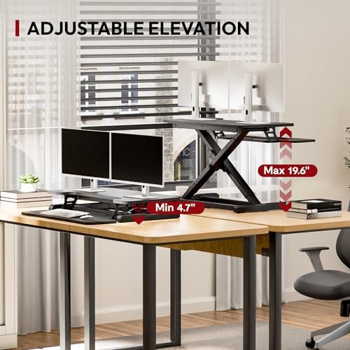 SANODESK 32" Height Adjustable Standing Desk Converter, Desk Riser Sit Stand Workstation for Home Office Laptop & Dual Monitor Setup, Ergonomic Lift Platform, Black - Image 4