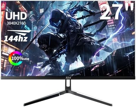ZZA 27 Inch 4K Gaming Monitor,UHD(3840x2160) 4K 144Hz Flat Monitor, Adaptive Sync,HDMI 2.1 & DP 1.4,Tilt Adjustment PC Monitor, Wall Mountable, for Work, Streaming, and Home Office, Black by ZZA