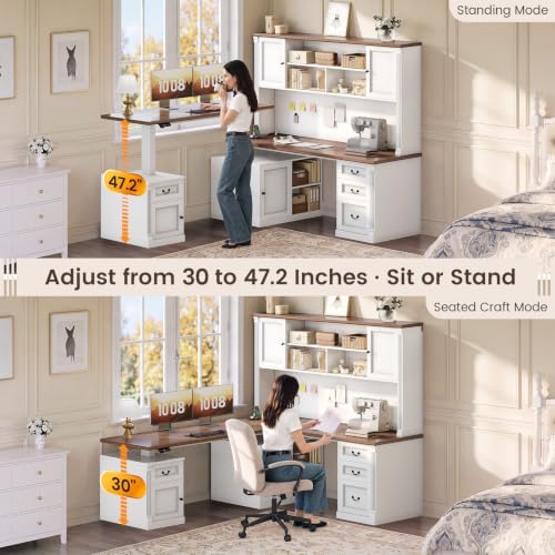 SEDETA Farmhouse L Shaped Electric Standing Desk with Hutch, 4 Drawers and Storage Cabinet, 106" Height Adjustable Office Executive Desk with Power Outlet, Led Lights for Two Person, White Brown - Image 5
