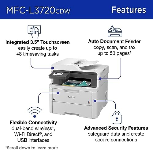 Brother MFC-L3720CDW Wireless Color Laser Printer, Scanner, Copier, Fax, Auto Duplex, 250-Sheet Capacity - Image 3