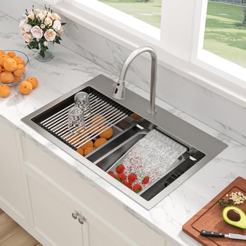 Sarlai 31 Inch Waterfall Kitchen Sink Drop In - 31x20 Waterfall Sink Ledge Workstation Stainless Steel 16 Gauge Multifunction Single Bowl Top Mount Kitchen Basin with Faucet Combo by Sarlai