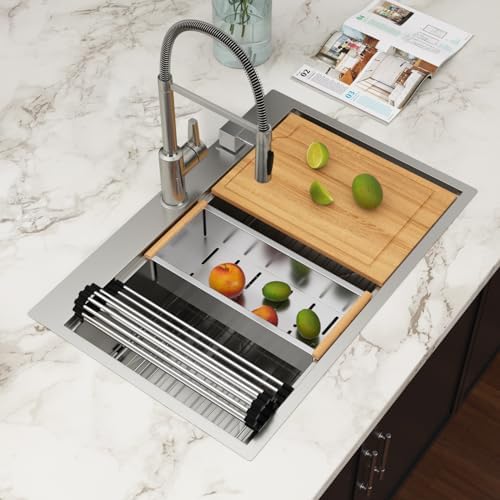 33x22 Drop In Workstation Kitchen Sink with Accessories by Couoko