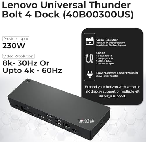 40B00300US Lenovo Docking Station USB C Bundle - 1 Year Warranty, Supports 4K Display, Thunderbolt 4 Dock with 300W Adapter, Anyhdd HDMI, DisplayPort, Thunderbolt Cables & Cloth - Image 3