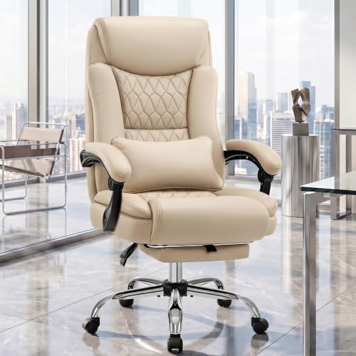 Ergonomic Executive Office Chair PU Leather High Back, 400lbs Heavy Duty Reclining Desk Chair with Footrest, Adjustable Lumbar Support, Padded Armrests, Wide Seat, Khaki by CHAIRMATE