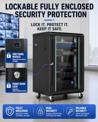 18U Lockable Rolling Network Server Cabinet, 19-Inch mounting Rails - Image 7