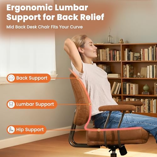 Leather Home Office Chair, Mid Back Ergonomic Desk Chair with Lumbar Support, Mid Century Modern Deep Seat Swivel Rocking Computer Chair, Brown - Image 4