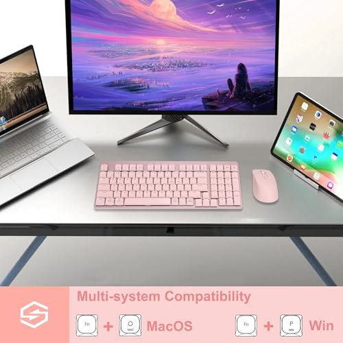 LeadsaiL Wireless Keyboard and Mouse Combo, 2.4Ghz Cordless Mechanical Keyboard and Silent Mouse for Business, Low-Profile Red Switch, 98-Key Compact Slim Keyboard for Windows/MacOS PC Laptop - Pink - Image 6