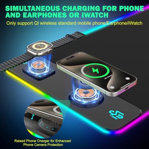 GIM RGB Gaming Mouse Pad with Simultaneous Charging for Phone & iWatch, LED Mouse Mat 800x300x4MM, 14 Light Modes, Non-Slip Rubber Base, Computer Keyboard Mat for Gaming, 20W PD Adapter Included - Image 2