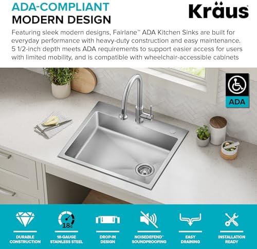 KRAUS Fairlane 25-inch ADA Compliant Drop In/Top Mount Single Bowl 18-Gauge Stainless Steel Kitchen Sink, KHT641-25-5.5 - Image 2