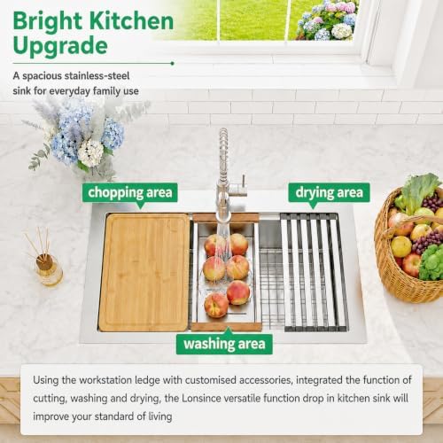 Drop In Kitchen Sink 33" X 22",Single Bowl Workstation Sinks - Image 2