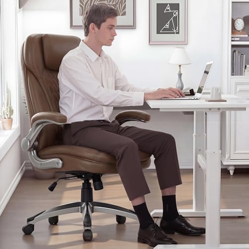 COLAMY Office Chair Ergonomic Desk Chair-Executive Office Chair with Upgraded Caters, High Back Computer Chair Flip-up Arms, Strong Metal Base, Swivel Leather Chair for Work/Study, 300lbs, Brown - Image 6