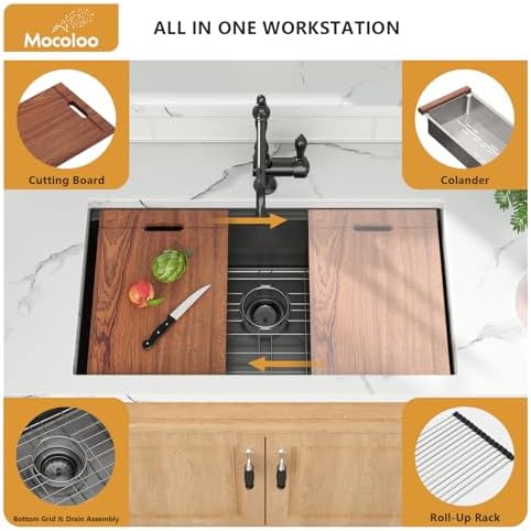 Mocoloo Black Undermount Kitchen Sink - 30x19 Kitchen Workstation Sink 16 Gauge Black Stainless Steel Single Bowl Handmade 30 Inch Undermount Ledge Workstation with Single Track - Image 5