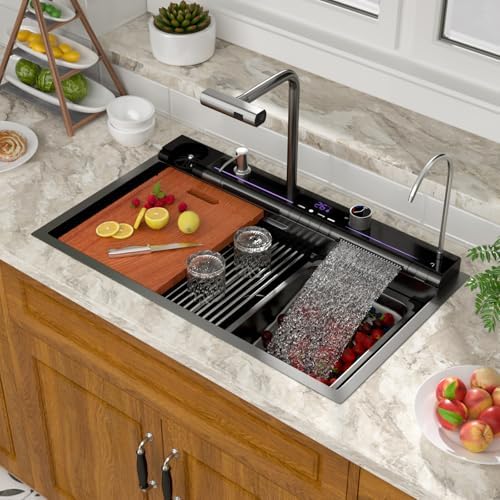 Mocoloo 30 Inch Black Honeycomb Waterfall Kitchen Sink Drop in, 30x19 Inch Stainless Steel Workstation Sink 16 Gauge Topmount Single Bowl LED Display Sink with Complete Kit - Image 2