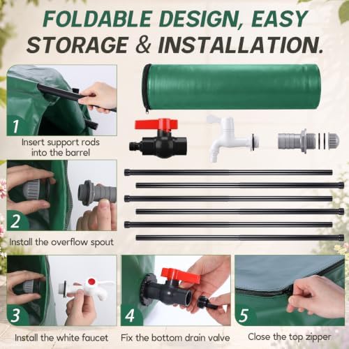 Waydress Collapsible Rain Barrel, Portable Rainwater Collection System with Spigots, Mesh Filter & Overflow Kit, Leak-Proof Foldable PVC Water Storage Tank for Garden, Car Washing(53 Gallon,Green) - Image 4