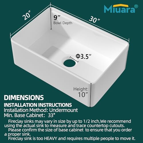 Miuara 30 x 20 Inch White Apron Front Farmhouse Workstation Kitchen Sink - Image 3