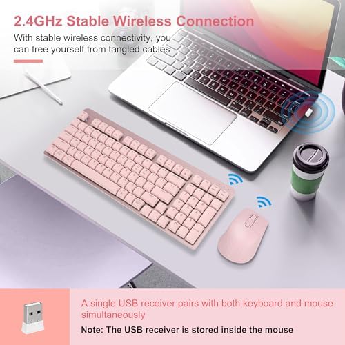 LeadsaiL Wireless Keyboard and Mouse Combo, 2.4Ghz Cordless Mechanical Keyboard and Silent Mouse for Business, Low-Profile Red Switch, 98-Key Compact Slim Keyboard for Windows/MacOS PC Laptop - Pink - Image 3