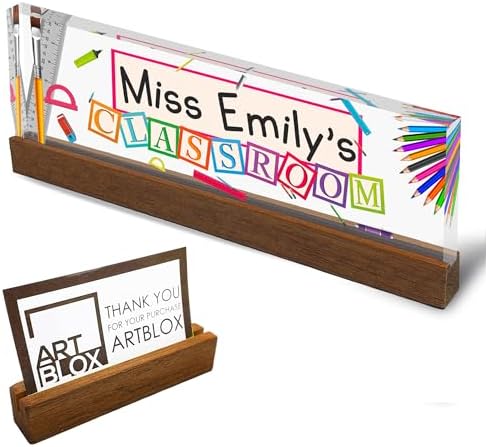 ARTBLOX Personalized Acrylic Teacher Desk Name Plate with Wood Stand by Artblox