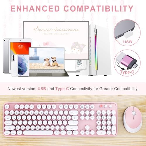 Wireless Keyboard and Mouse Combo, Ergonomic Full Size Typewriter Retro Round Keycaps Keyboard, Compatible with Windows, PC, Perfer for Home and Office Keyboards (Lovely Pink) - Image 2