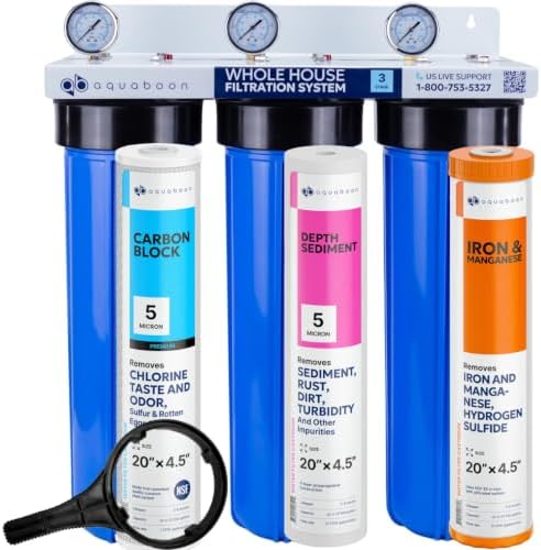 Aquaboon 3-Stage Whole House Water Filter System with 5 Micron 20x4.5 Reducing Sediment and Iron & Manganese Water Purification Filters, Pressure Gauges, Wrench, Iron Bracket by Aquaboon