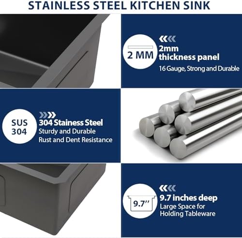 Lordear Matte Black Kitchen Sink 33 Undermount Kitchen Sink 33X19 Inch Ledge Workstation16 Gauge Stainless Steel Single Bowl Under Counter, Darker Than Gunmetal Black - Image 5